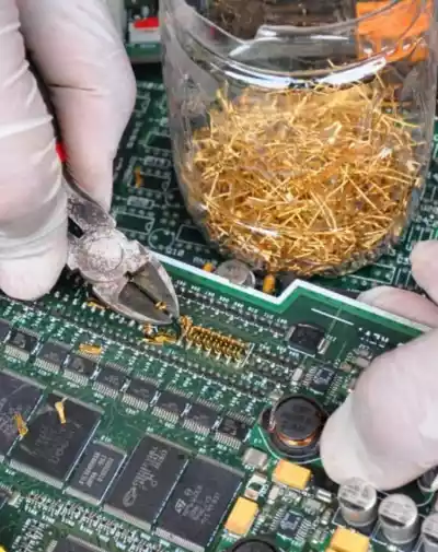 un opérateur récupère le métal de circuits imprimés à recycler